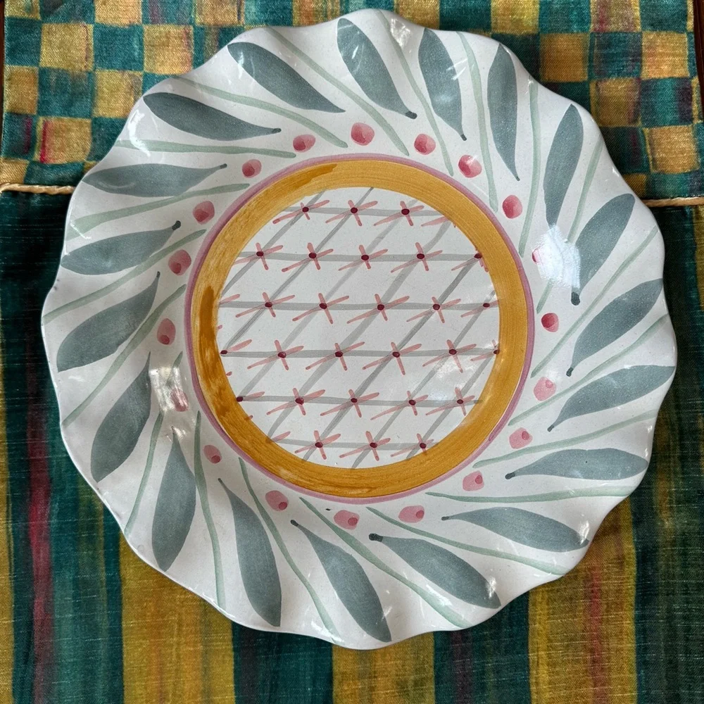 MacKenzie-Childs Brighton Pavilion 11” fluted Dinner Plate with Green, Pink - Picture 2 of 4